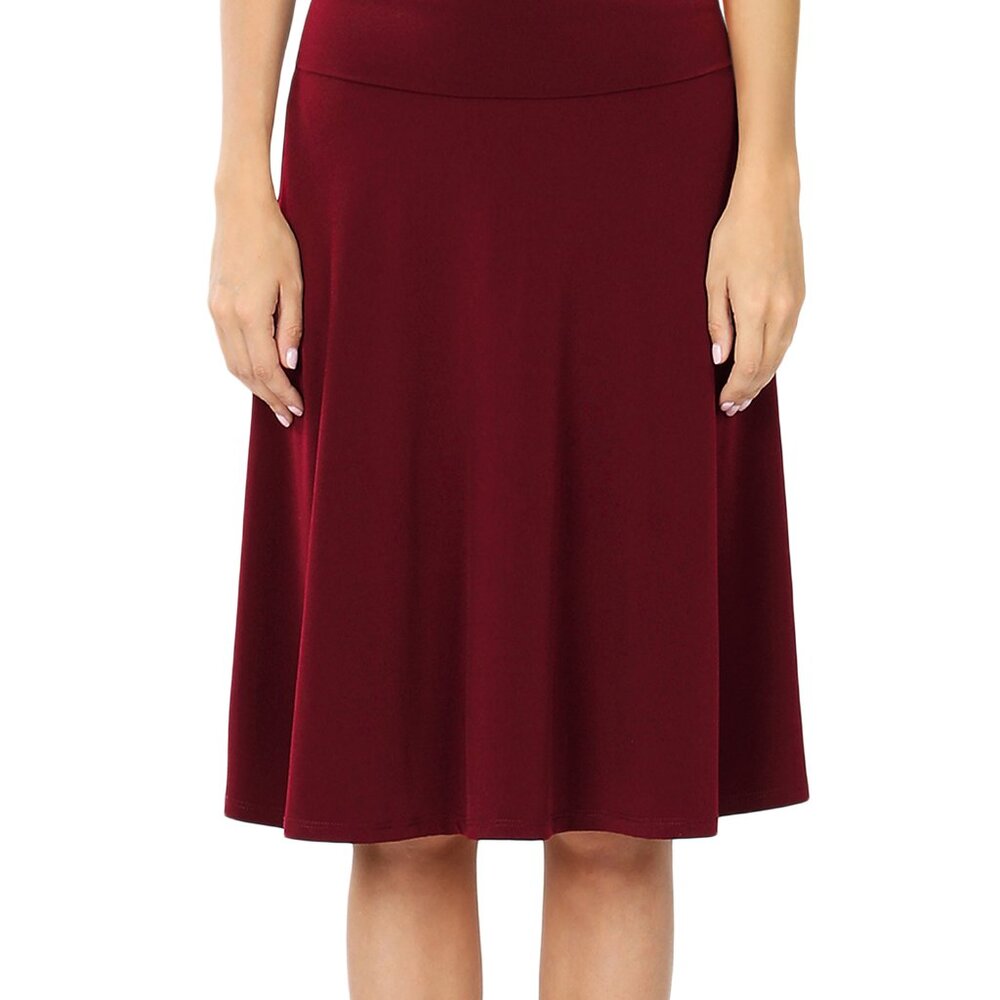 ZENANA ITY FOLD OVER WAIST BAND A-LINE FLARED SKIRT S-M-L-XL DK BURGUNDY